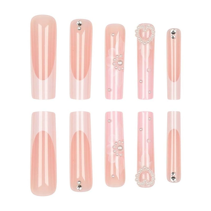 Foccna Pink Press on Nails Artificail Extra Long, French Square Fake Nails, Crystal Flowers Nails Acrylic for Women Reusable Nail Kit Adhesive Tabs Nail File 24pcs - Image 3
